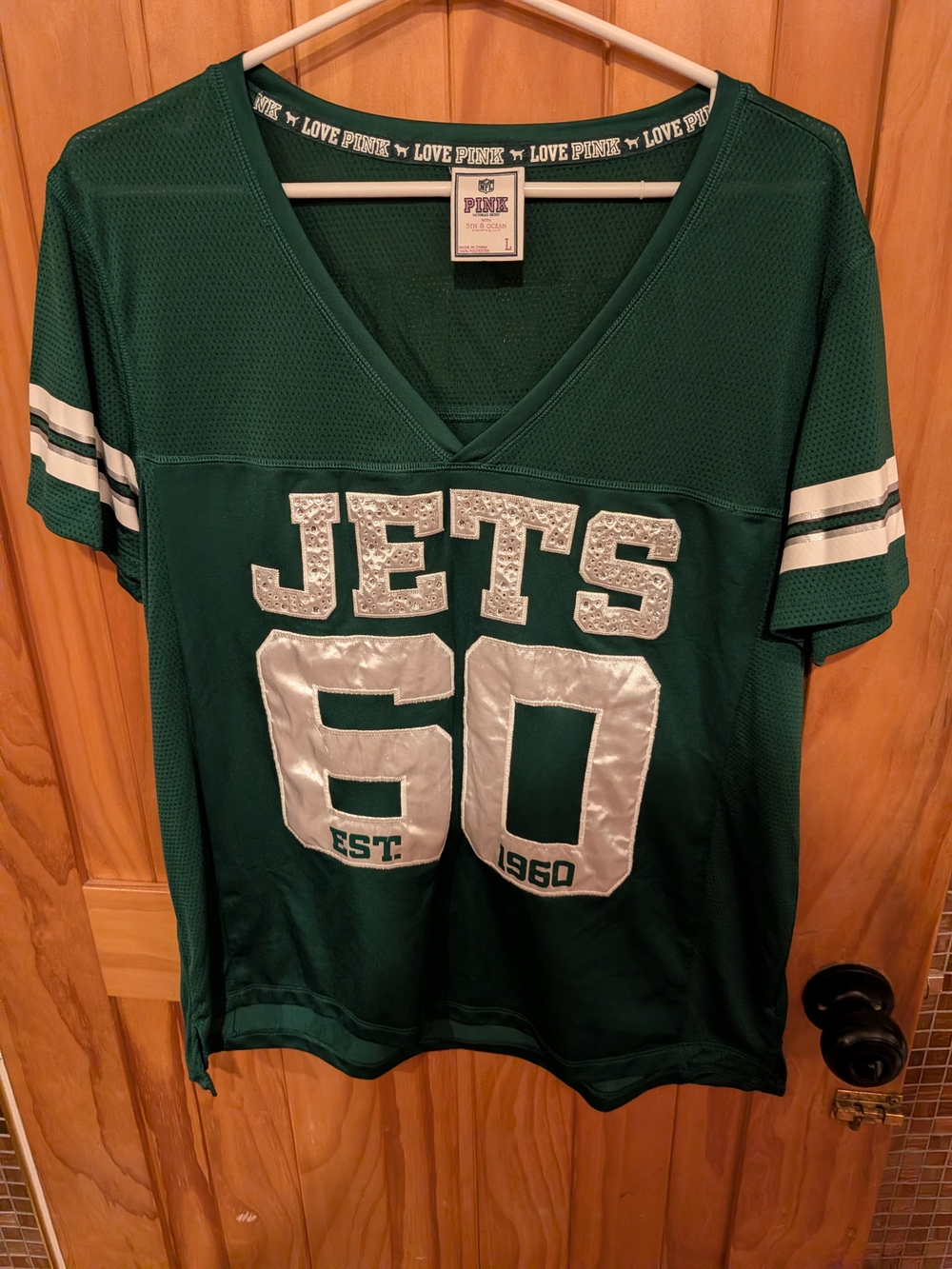 PINK Victoria Secret Green New York JETS V-Neck Blinged Out Football Tee